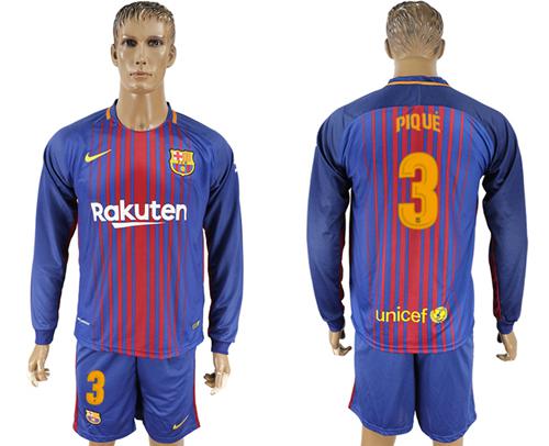 Barcelona #3 Pique Home Long Sleeves Soccer Club Jersey - Click Image to Close